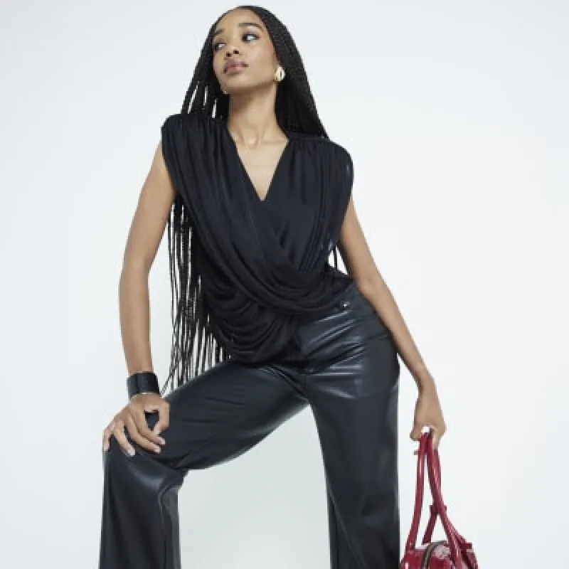 Black Short Sleeve Wrap Draped Top sold by River Island