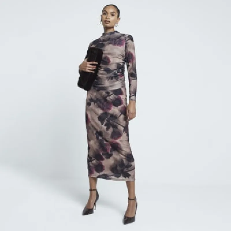 Beige Floral Mesh Midi Skirt sold by River Island