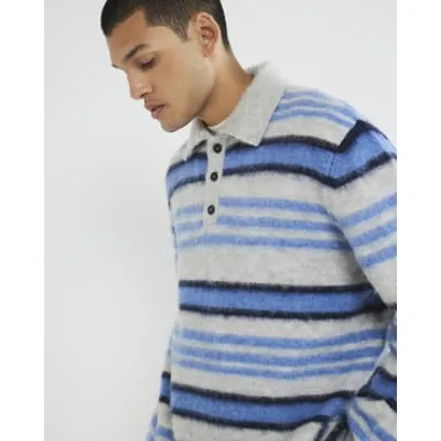 Blue Long Sleeve Brushed Stripe Polo Jumper sold by River Island