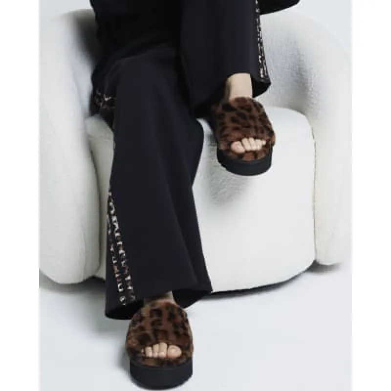 Brown Faux Fur Leopard Platform Slippers sold by River Island
