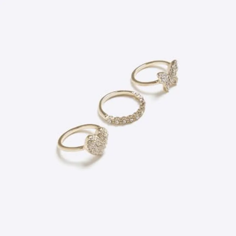 3 Pack Rose Gold Butterfly Heart Rings sold by River Island