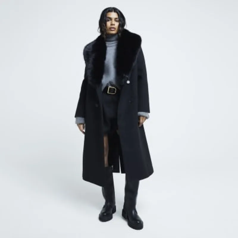 Petite Black Faux Fur Collared Coat sold by River Island