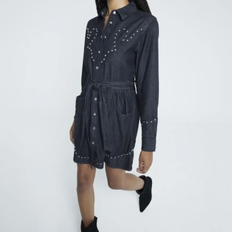 Black Denim Studded Mini Shirt Dress sold by River Island