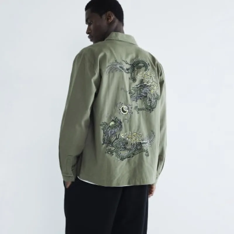 Green Regular Fit Dragon Embroidery Overshirt sold by River Island