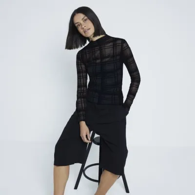 Black Check Mesh Long Sleeve Top sold by River Island