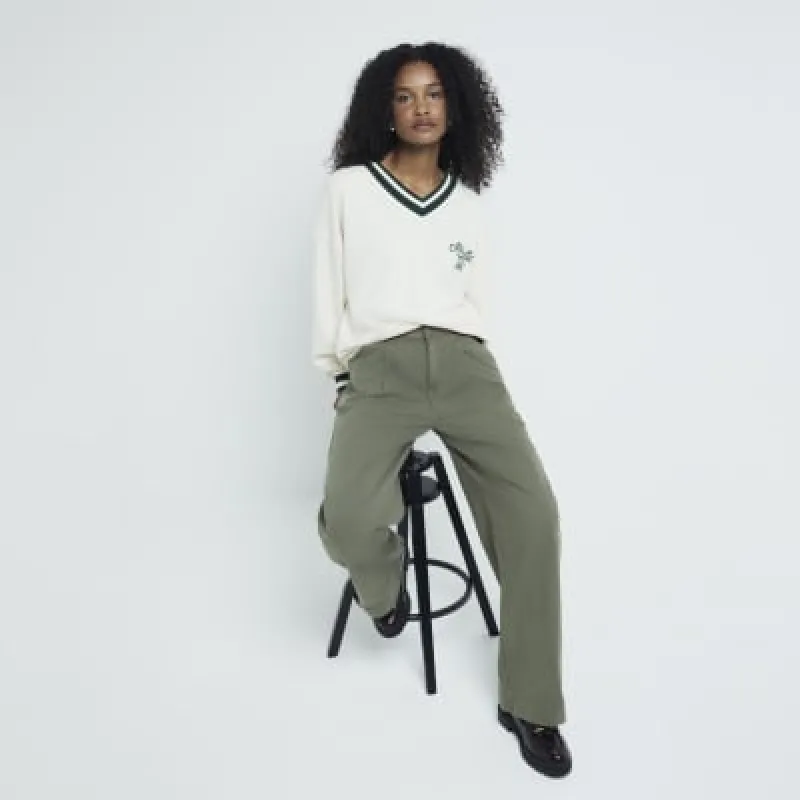 Khaki Wide Leg Twill Trousers sold by River Island