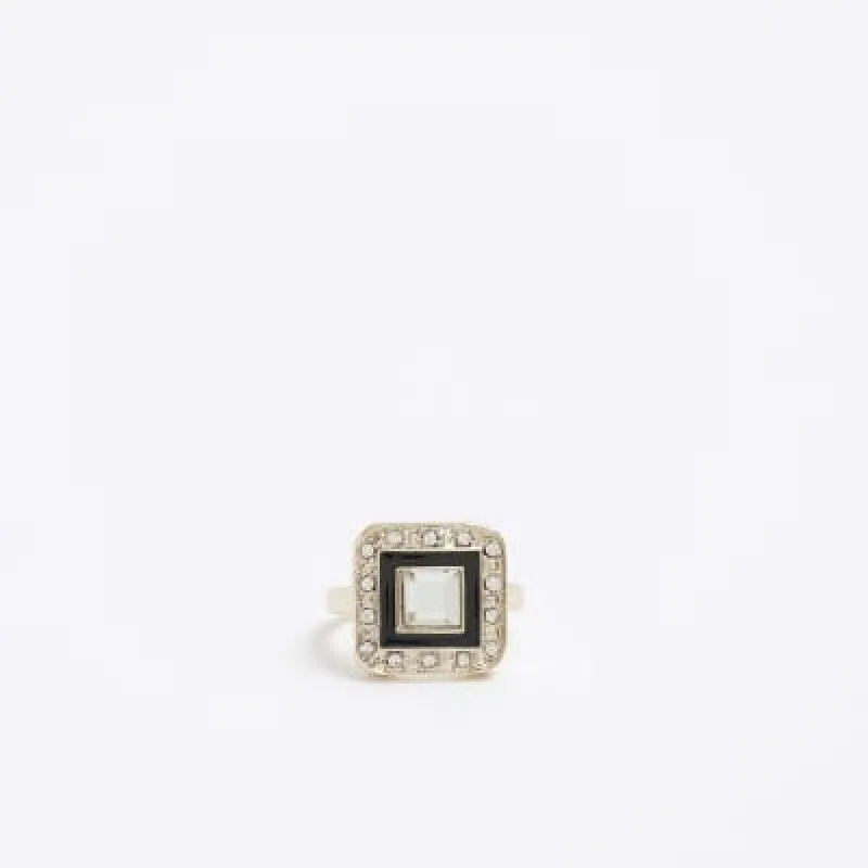 Gold Black Square Crystal Ring sold by River Island