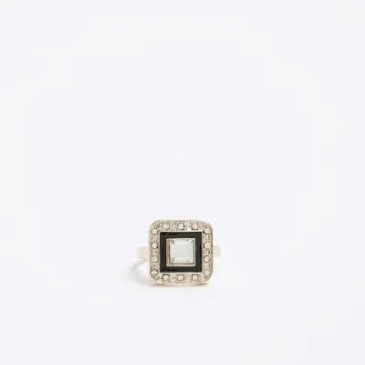 Gold Black Square Crystal Ring sold by River Island
