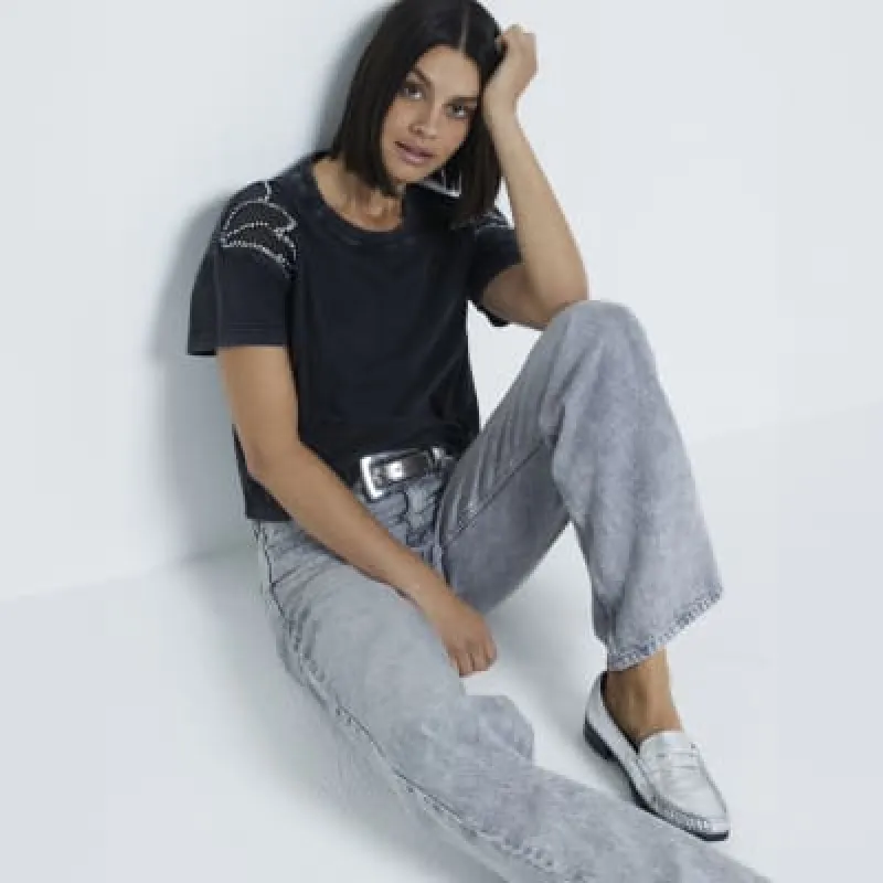 Grey Embellished Shoulder T-Shirt sold by River Island