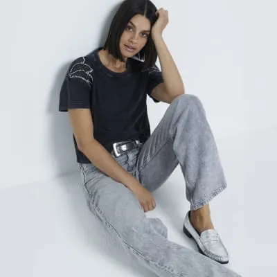 Grey Embellished Shoulder T-Shirt sold by River Island