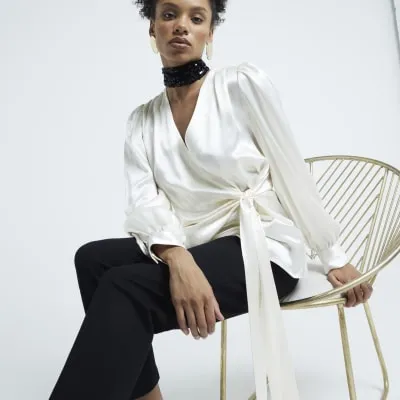 White Long Sleeved Wrap Blouse sold by River Island