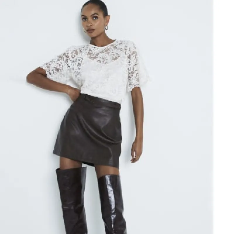 White Short Sleeve Lace Top sold by River Island