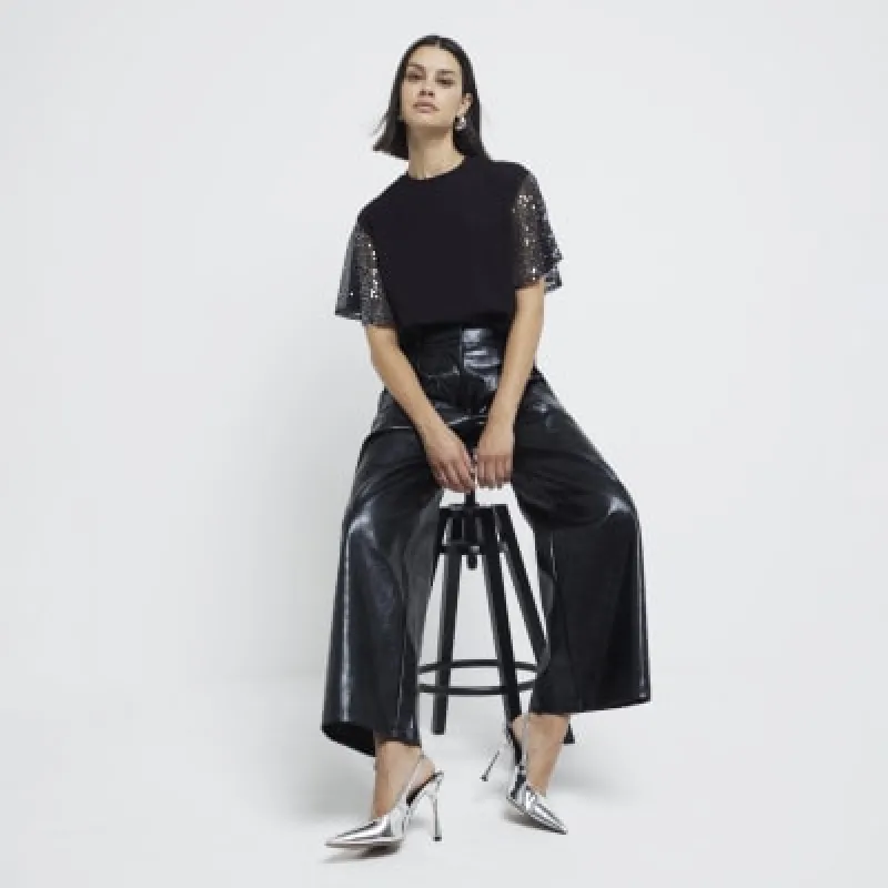 Black Sequin Short Sleeve Top sold by River Island