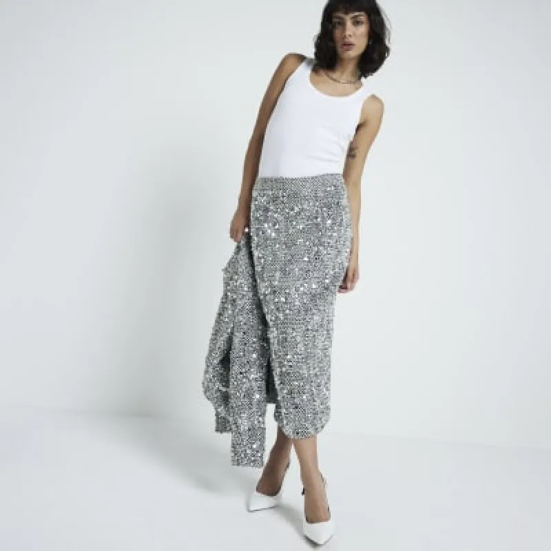 Silver sequin boucle pencil midi skirt sold by River Island
