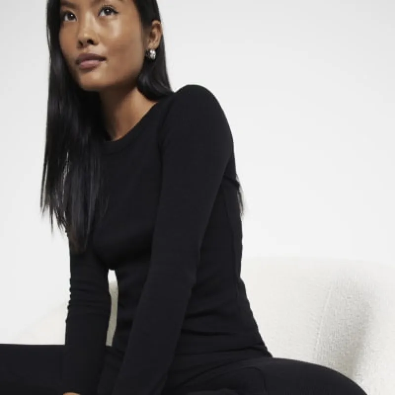 Petite Black Long sleeve Ribbed T-shirt sold by River Island