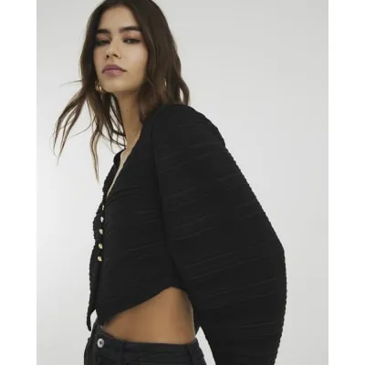 Black Long Sleeve V-neck Plisse Top sold by River Island