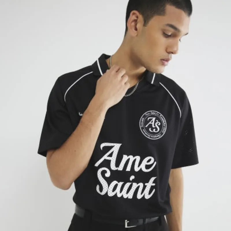 Black Short Sleeve Football Mesh Polo Shirt sold by River Island