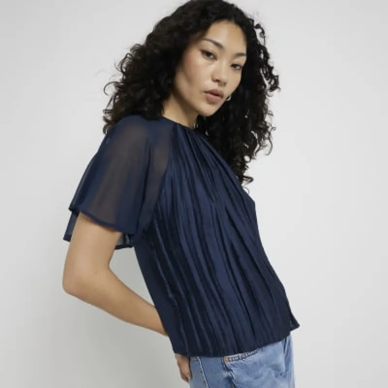 Navy Crinkle short sleeve Top sold by River Island