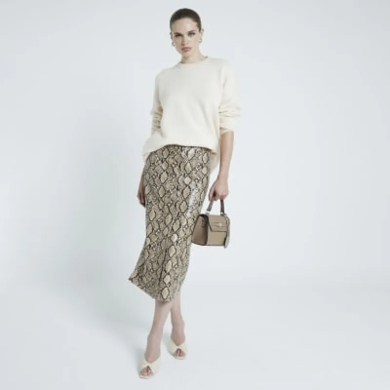Brown faux leather snake print midi skirt sold by River Island