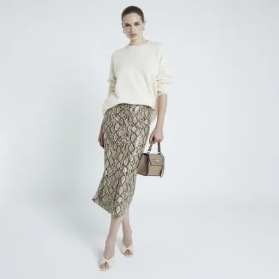 Brown faux leather snake print midi skirt sold by River Island