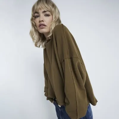 Khaki Long Sleeve Raw Seam Sweatshirt sold by River Island