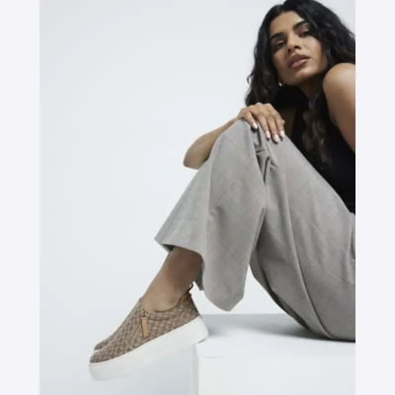 Brown RI Monogram Laceless Platform Trainers sold by River Island