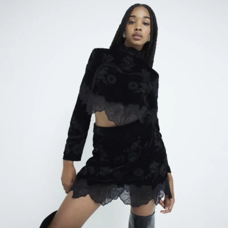 Black Velvet Long Sleeve Floral Crop Top sold by River Island