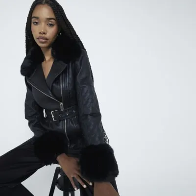 Black Faux leather Quilt Buckle Biker Jacket sold by River Island
