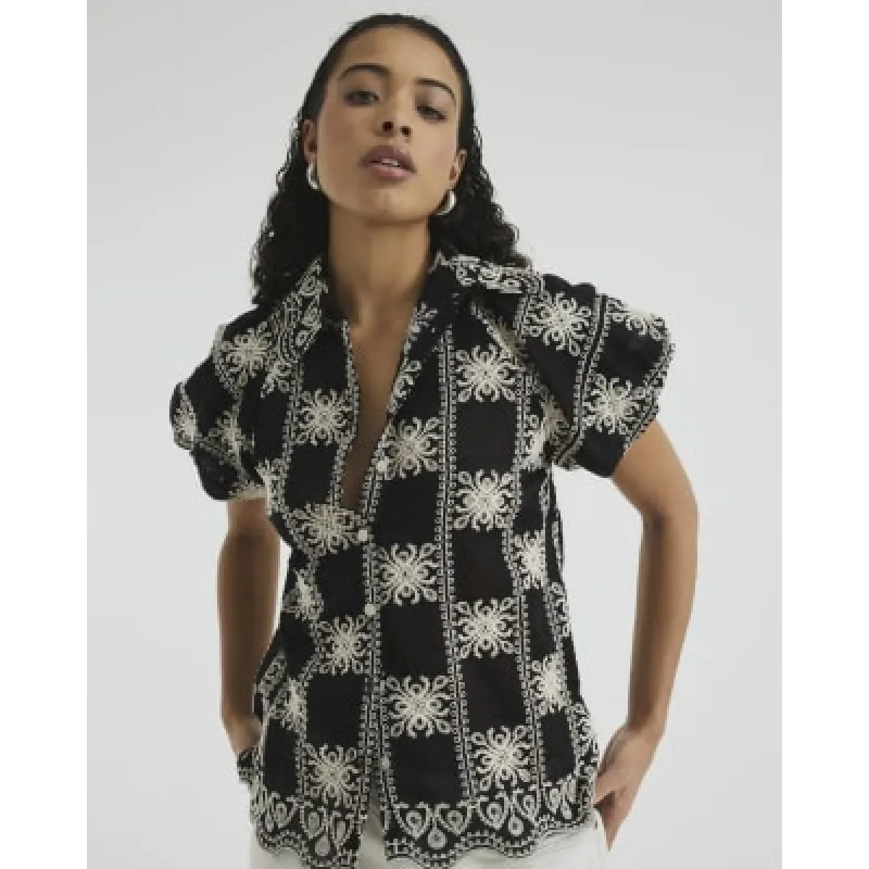 Black Short Sleeve Broderie Crochet Shirt sold by River Island
