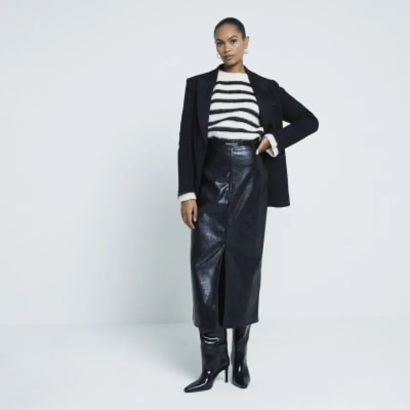 Black faux leather midi skirt sold by River Island