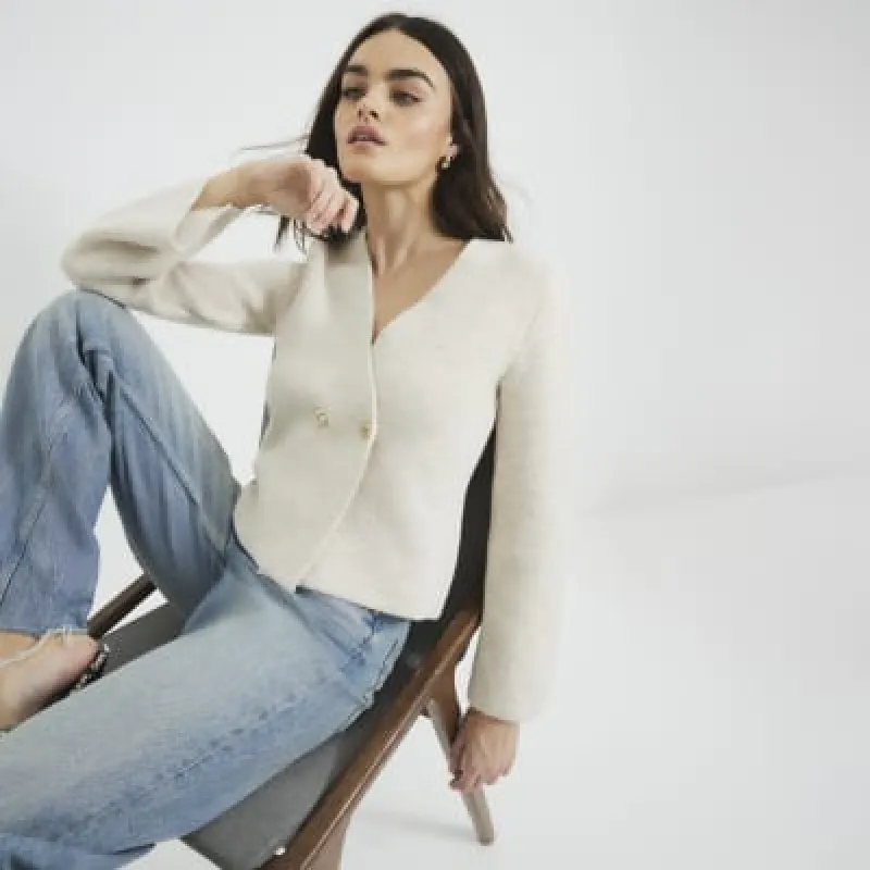 Beige Long Sleeve Asymmetric Button Cardigan sold by River Island