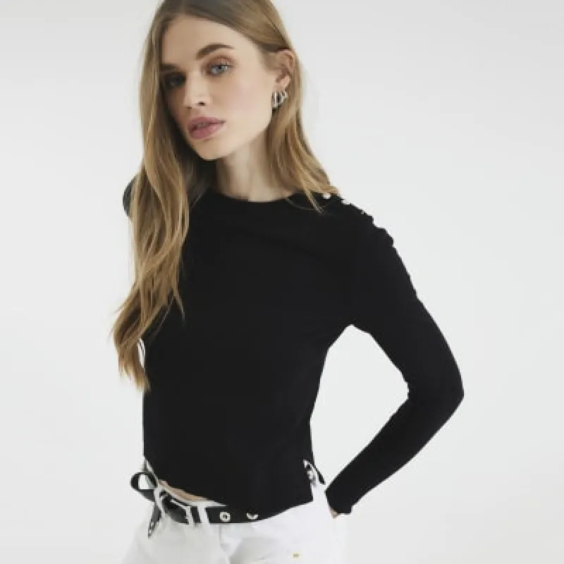 Black Button Shoulder Knitted Top sold by River Island