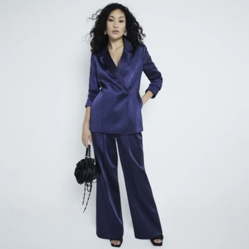 Navy Bonded Satin Wide Leg Trousers sold by River Island