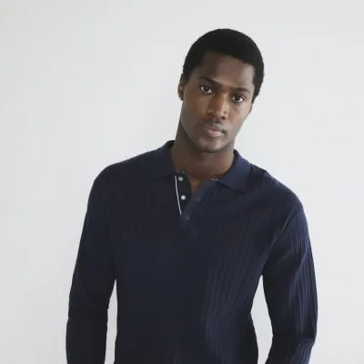 Navy Knit Long Sleeve Polo Shirt sold by River Island