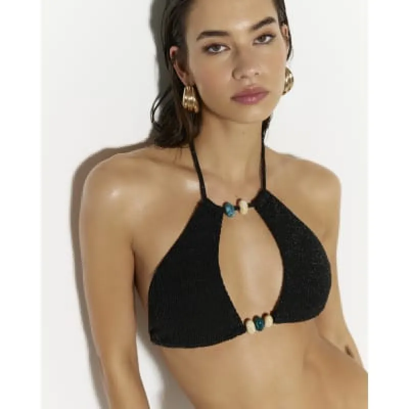 Black Glitter Texture Trim Bikini Top sold by River Island
