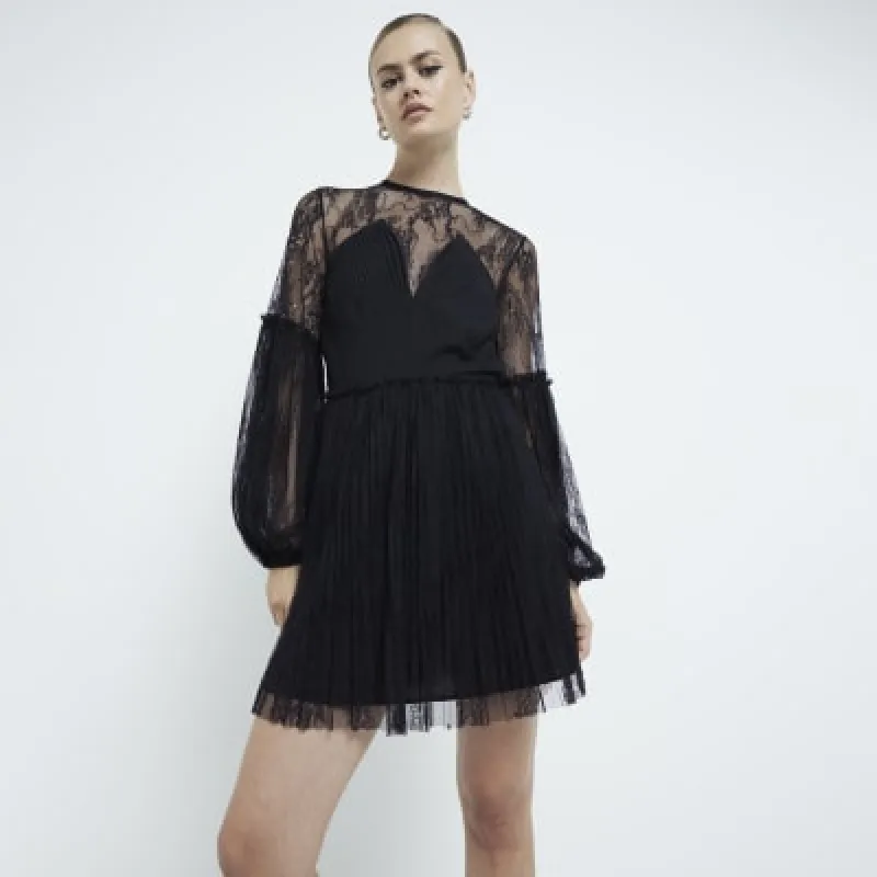 Black Lace Embellished Long Sleeve Mini Dress sold by River Island