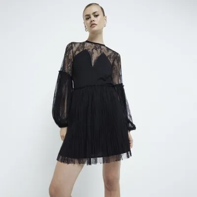 Black Lace Embellished Long Sleeve Mini Dress sold by River Island