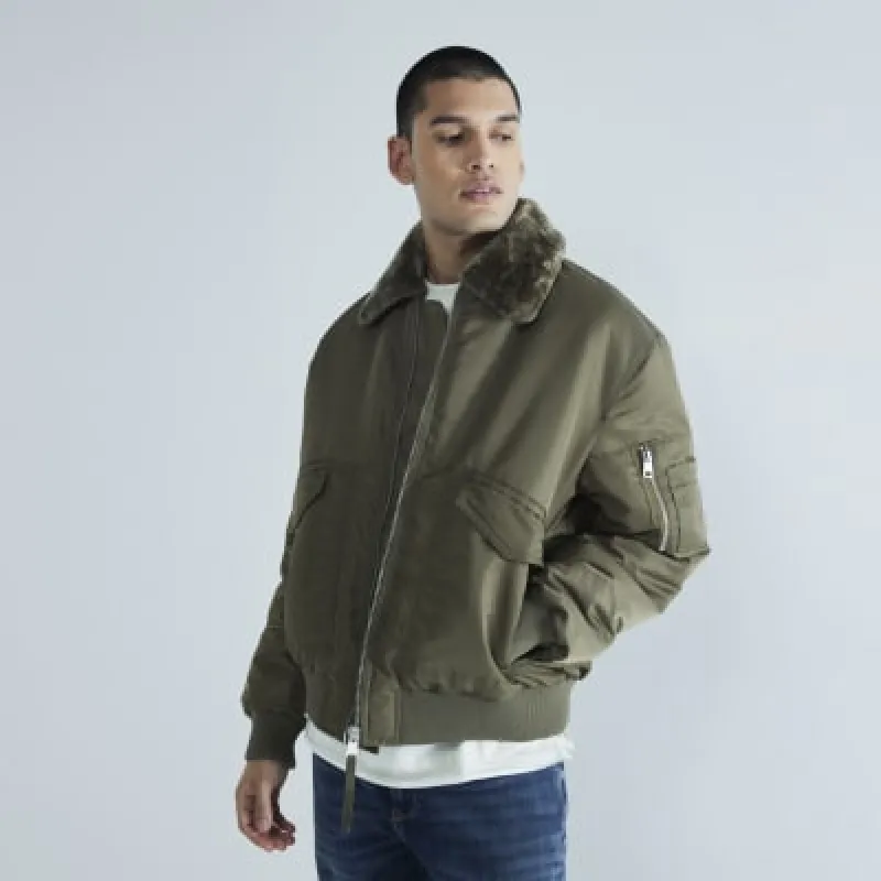 Khaki Borg Collared Bomber Jacket sold by River Island