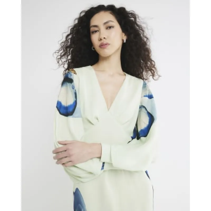 Green Floral Long Sleeve V-Neck Midi Dress sold by River Island