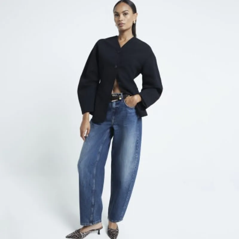 Blue Denim Seamed Barrel Jeans made by River Island