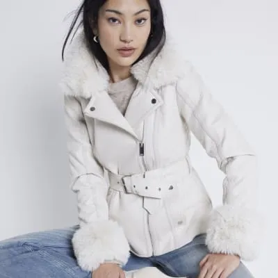 Beige faux fur trim belted biker jacket sold by River Island