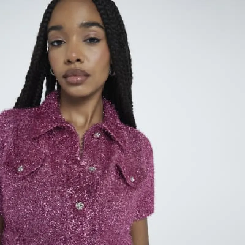 Pink Tinsel Knit Button Up Short Sleeve Shirt sold by River Island