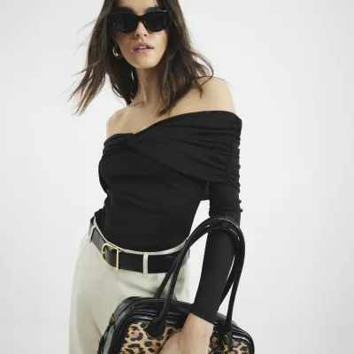Black Long Sleeve Ruched Bardot Top sold by River Island