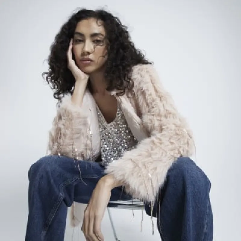 Beige Faux Fur Sequin Fringe Jacket sold by River Island