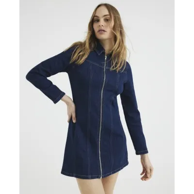 Indigo Denim Long Sleeve Zip Front Mini Dress sold by River Island