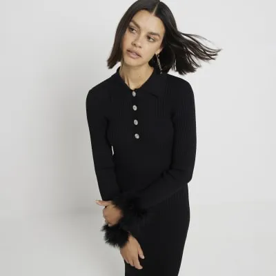 Black Long Sleeve Feather Button Midi Dress sold by River Island