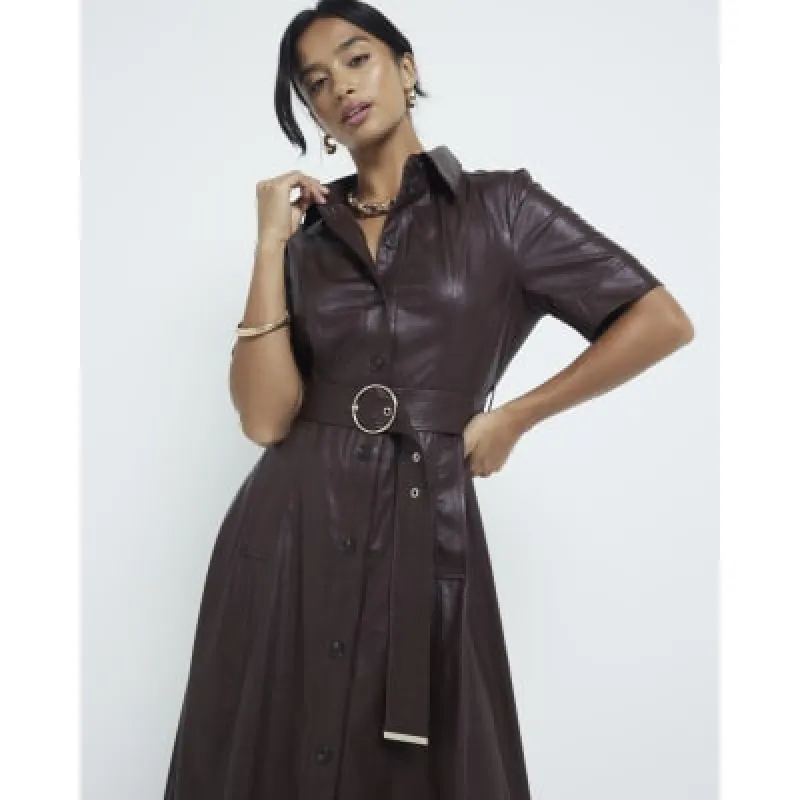 Petite red faux leather shirt midi dress sold by River Island