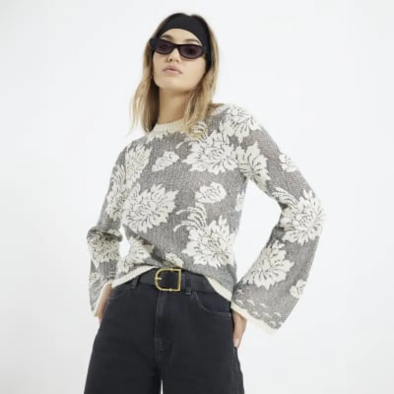 Grey Floral Knit Top sold by River Island