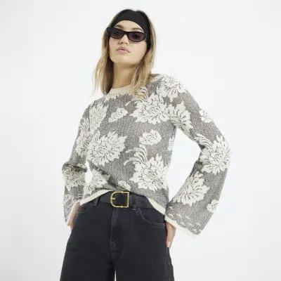 Grey Floral Knit Top sold by River Island
