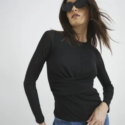 Black Long Sleeve Wrap Top sold by River Island